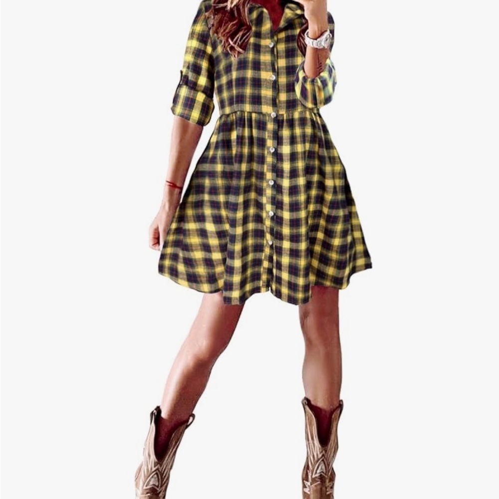 Fancyinn Yellow and Black Plaid Mini Dress with Pockets LG